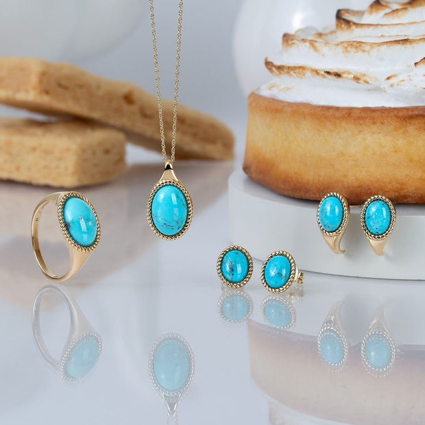 Classic Oval Turquoise Cabochon Stud Earrings in 9ct Yellow Gold