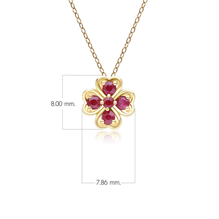 Gardenia Round Ruby Clover Pendant Necklace in 9ct Yellow Gold