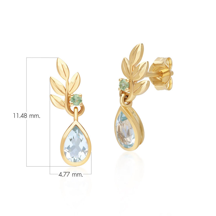 O Leaf Sky Blue topaz & Tsavorite Drop Earrings In 9ct Yellow Gold