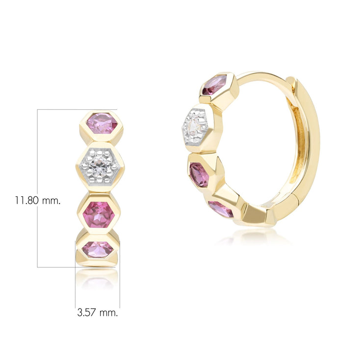 Geometric Round Rhodolite and Sapphire Hoop Earrings in 9ct Yellow Gold