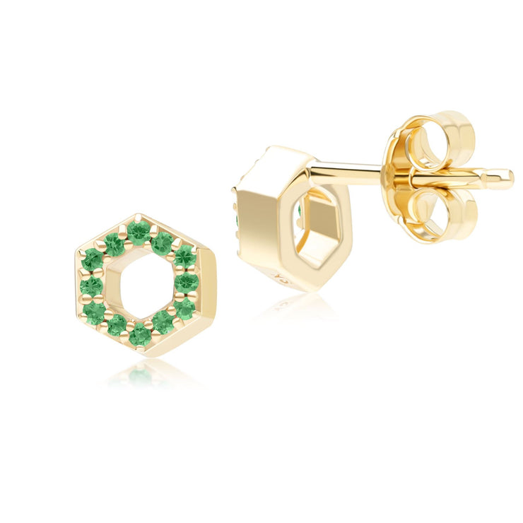 Geometric Hex Emerald Stud Earrings in 9ct Yellow Gold