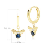 Honeycomb Inspired Blue Sapphire and Diamond Bee Hoop Earrings in 9ct Yellow Gold