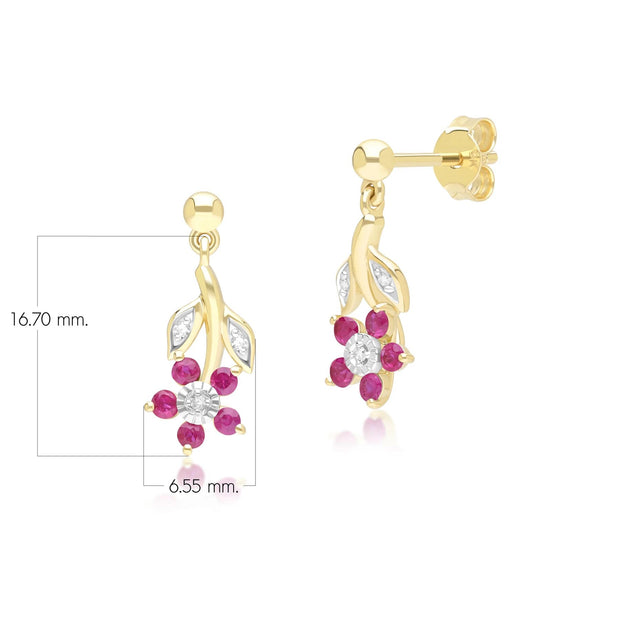 Floral Ruby & Diamond Drop Earrings in 9ct Yellow Gold