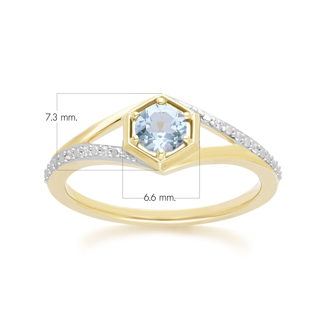 Geometric Hexagon with Prong set Round Topaz and Diamond Ring in 9ct Yellow Gold