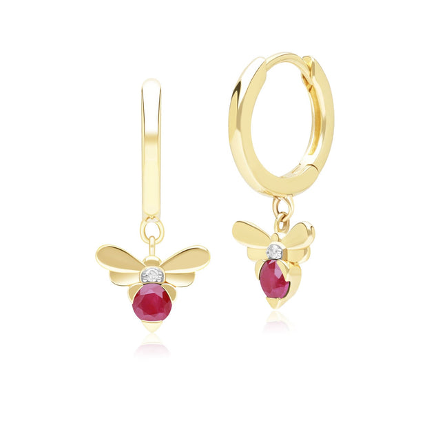 Honeycomb Inspired Ruby and Diamond Bee Hoop Earrings in 9ct Yellow Gold