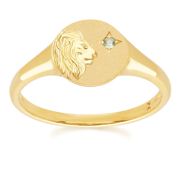 Zodiac Peridot Leo Signet Ring In 9ct Yellow Gold