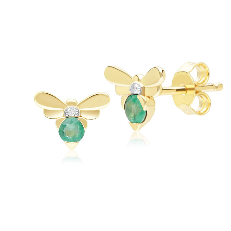 Honeycomb Inspired Emerald and Diamond Bee Stud Earrings in 9ct Yellow Gold