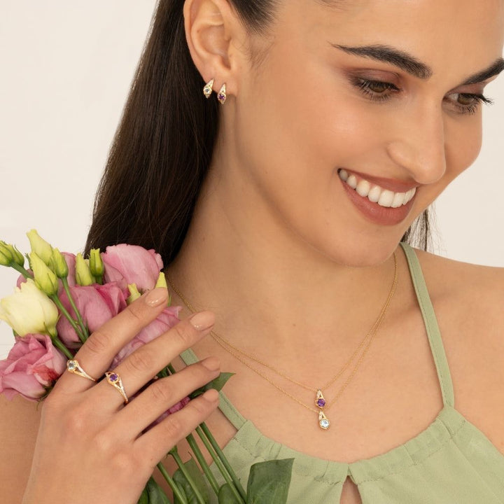 Geometric Hexagon with Prong set Round Topaz and Diamond Pendant Necklace in 9ct Yellow Gold