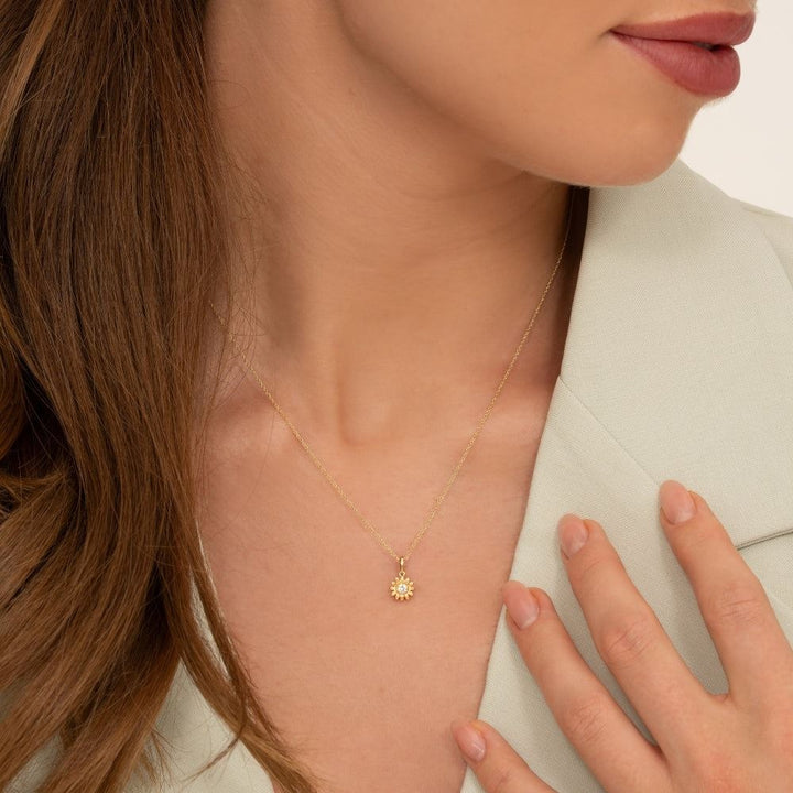 Gardenia Daisy White Sapphire Floral Halo Flower Pendant Necklace in Solid 9ct Yellow Gold