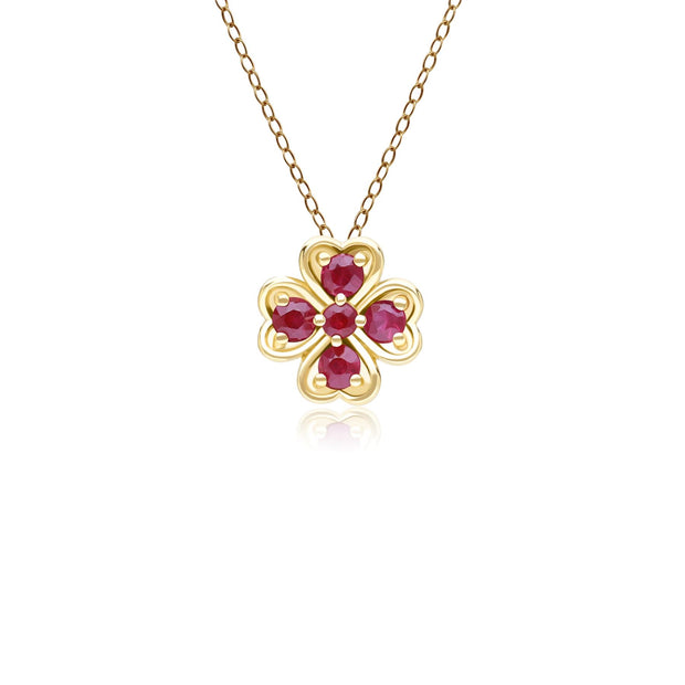 Gardenia Round Ruby Clover Pendant Necklace in 9ct Yellow Gold