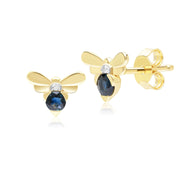 Honeycomb Inspired Blue Sapphire and Diamond Bee Stud Earrings in 9ct Yellow Gold