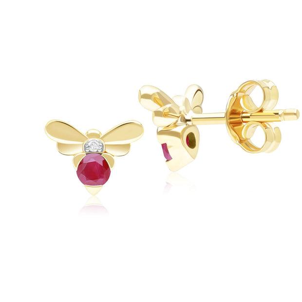 Honeycomb Inspired Ruby and Diamond Bee Stud Earrings in 9ct Yellow Gold