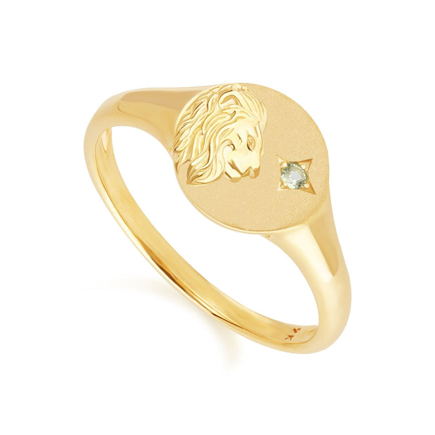 Zodiac Peridot Leo Signet Ring In 9ct Yellow Gold