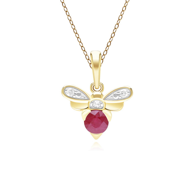 Honeycomb Inspired Ruby and Diamond Bee Pendant Necklace in 9ct Yellow Gold