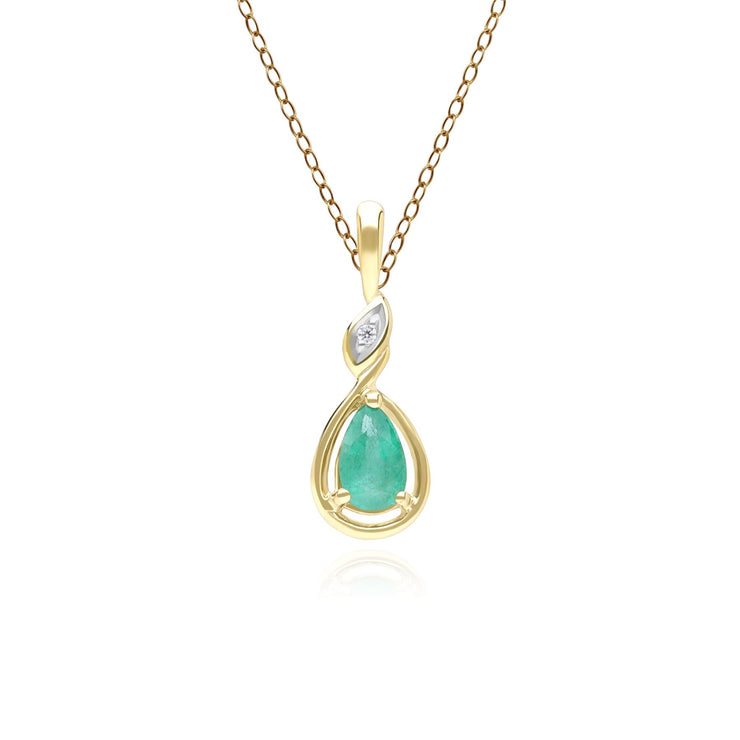 Classic Pear Emerald & Diamond Pendant Necklace In 9ct Yellow Gold