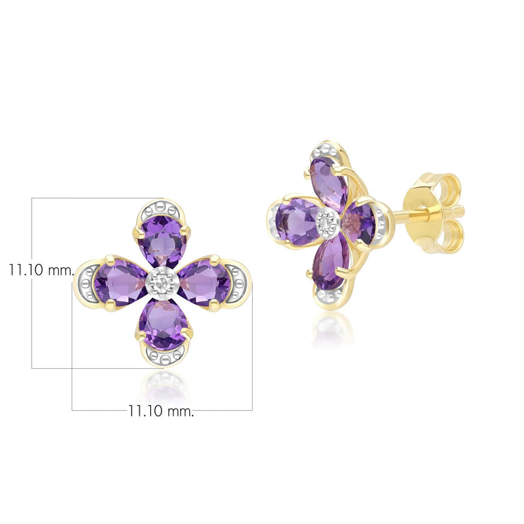 Floral Amethyst & Diamond Stud Earrings in 9ct Yellow Gold