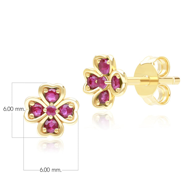 Gardenia Round Ruby Clover Stud Earrings in 9ct Yellow Gold