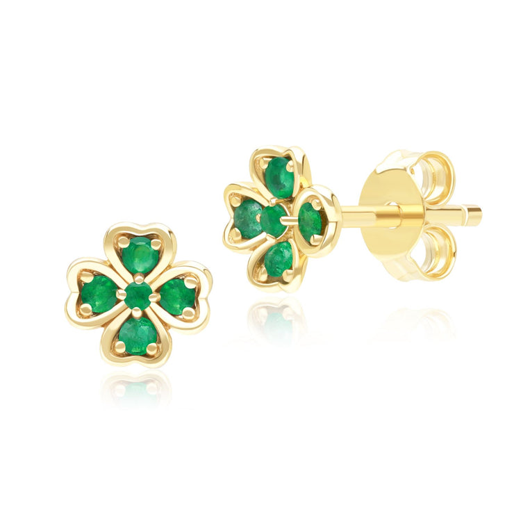 Gardenia Round Emerald Clover Stud Earrings in 9ct Yellow Gold
