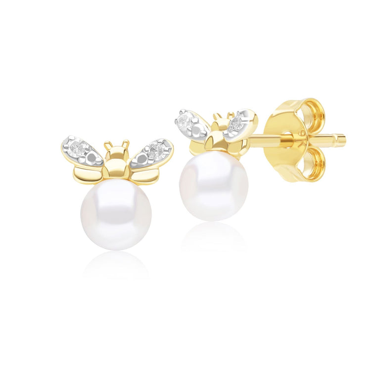 Honeycomb Inspired Pearl and Diamond Bee Stud Earrings in 9ct Yellow Gold