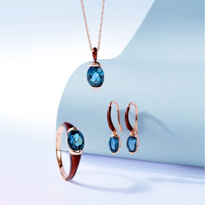 Siberian waltz Oval london blue topaz  with brown enamelled half-bezel pendant necklace in rose gold vermeil sterling silver
