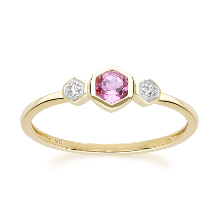 Geometric Round Pink Tourmaline and Sapphire Ring in 9ct Yellow Gold