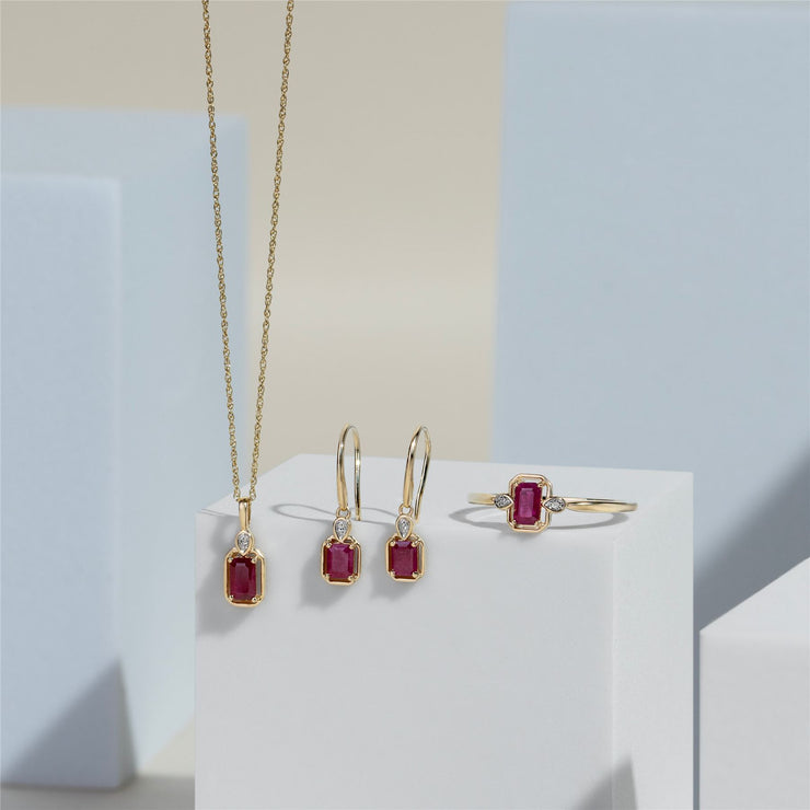Classic Ruby Baguette & Diamond Pendant Necklace In 9ct Yellow Gold