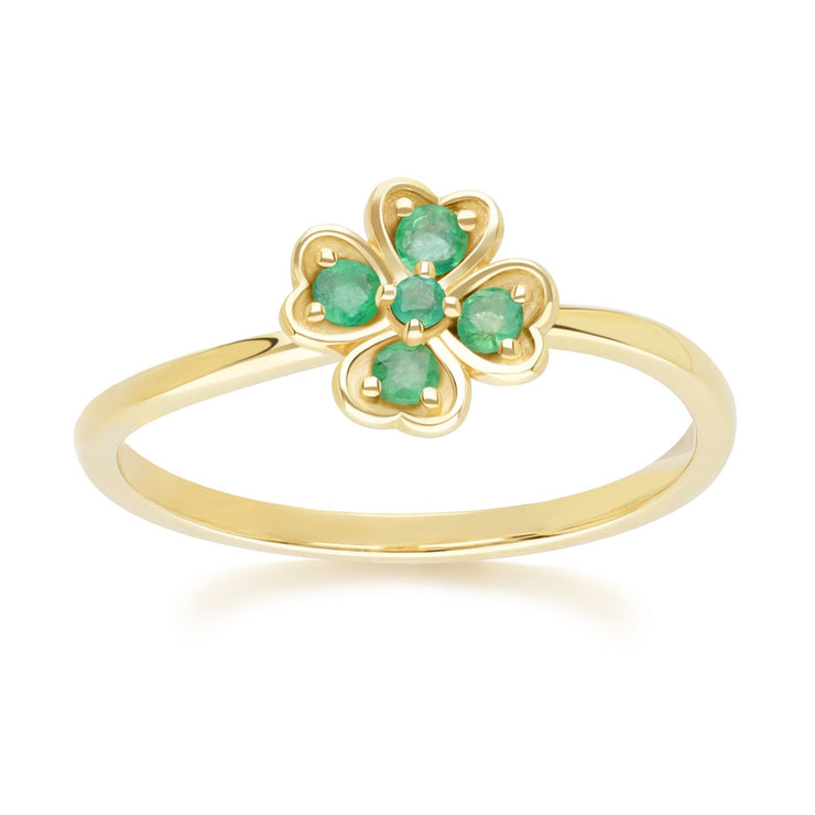 Gardenia Round Emerald Clover Ring in 9ct Yellow Gold