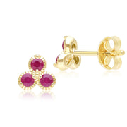 Floral Ruby Three Stone Stud Earrings in 9ct Yellow Gold