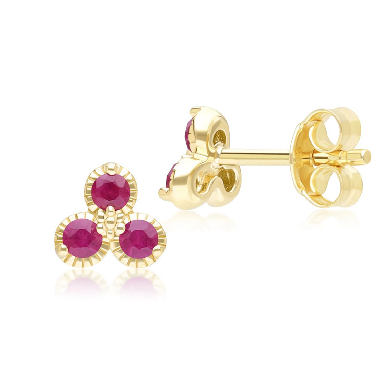 Floral Ruby Three Stone Stud Earrings in 9ct Yellow Gold