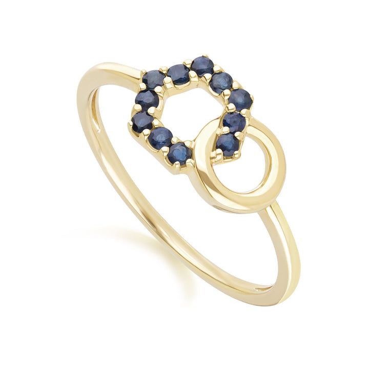 Geometric Hexagon and Round Linked with Prong Set Sapphire Ring in 9ct Yellow Gold
