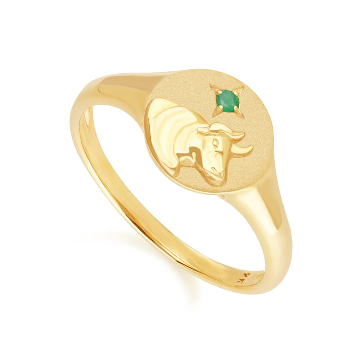 Zodiac Emerald Taurus Signet Ring In 9ct Yellow Gold