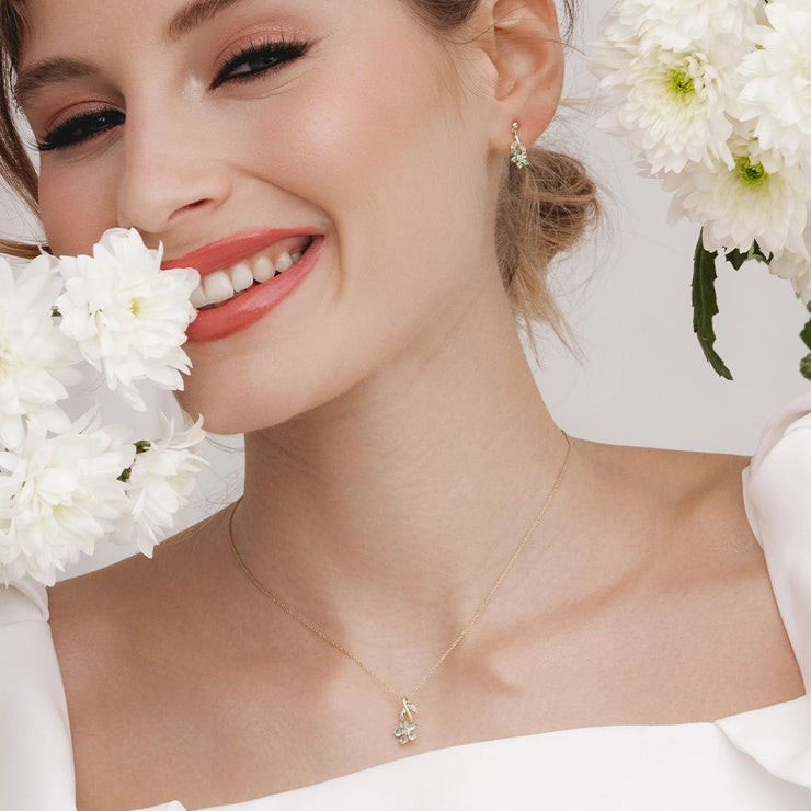 Floral Emerald & Diamond Drop Earrings in 9ct Yellow Gold