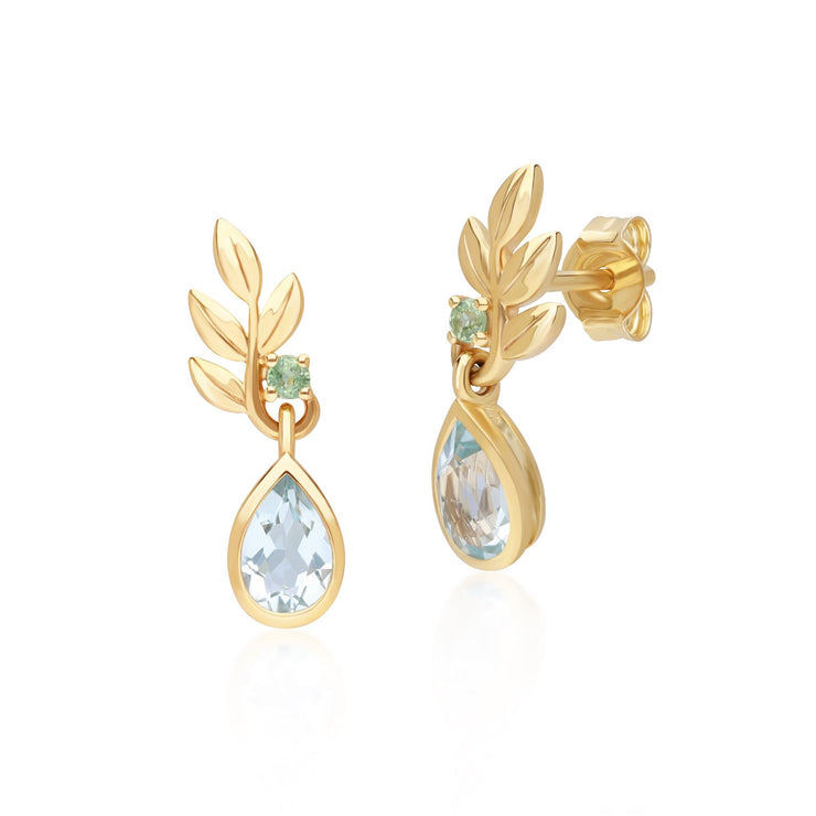 O Leaf Sky Blue topaz & Tsavorite Drop Earrings In 9ct Yellow Gold