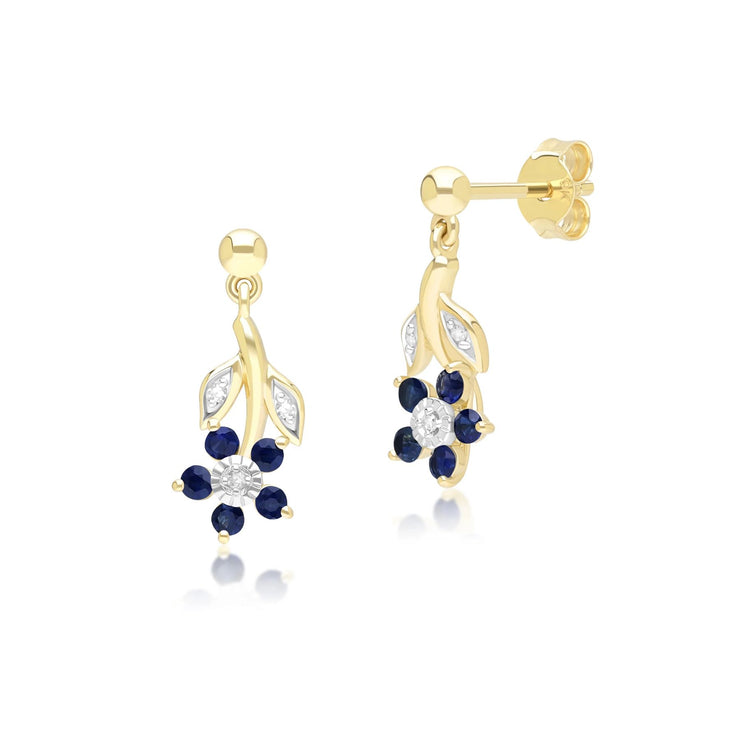 Floral Sapphire & Diamond Drop Earrings in 9ct Yellow Gold