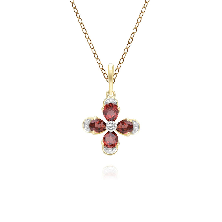Floral Garnet & Diamond Pendant Necklace in 9ct Yellow Gold