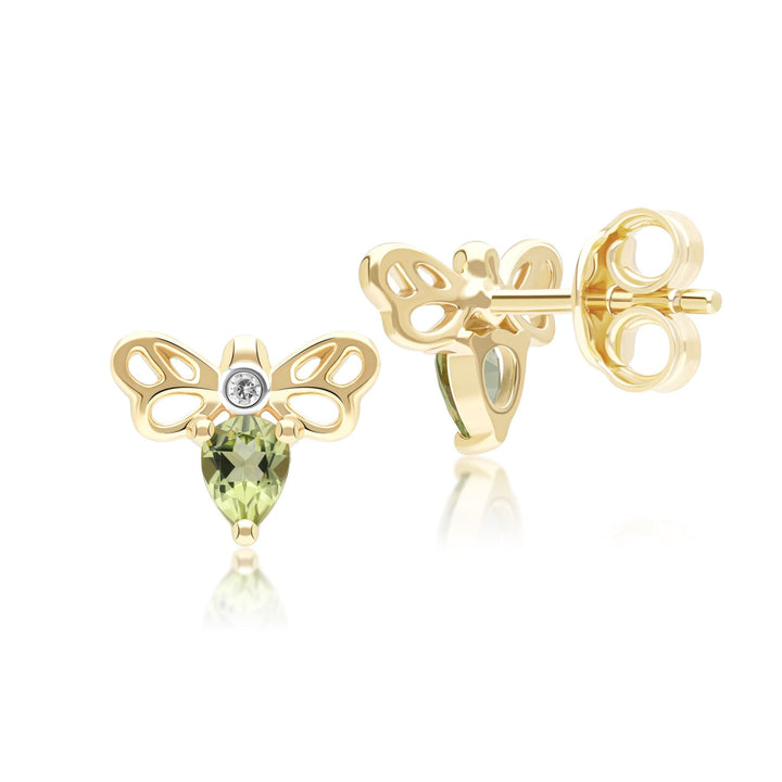 Honeycomb Art Nouveau Pear Shape Peridot and Diamond Bee Stud Earrings in 9ct Yellow Gold