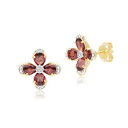 Floral Garnet & Diamond Stud Earrings in 9ct Yellow Gold