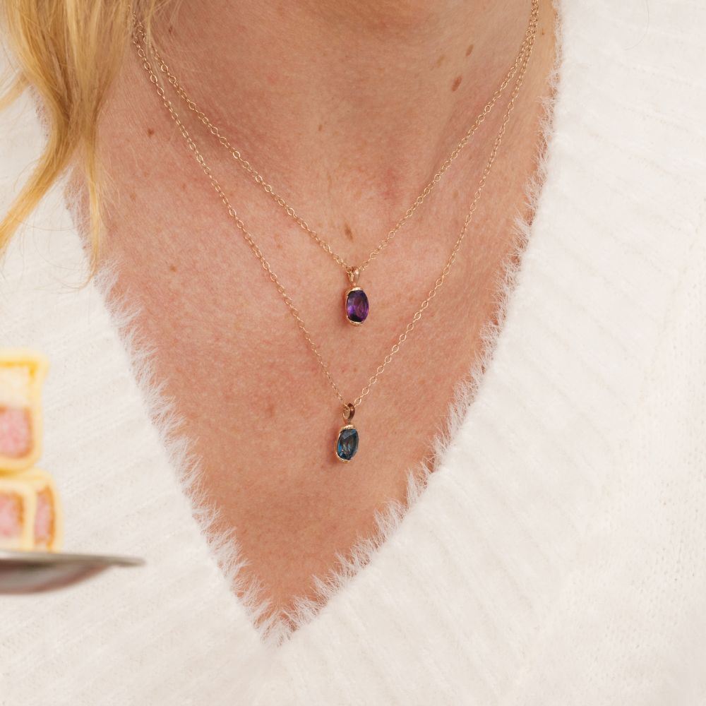 Siberian waltz Oval amethyst with violet enamelled half-bezel pendant necklace in rose gold vermeil sterling silver