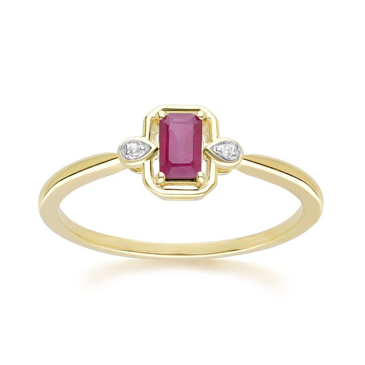Classic Ruby Baguette & Diamond Ring In 9ct Yellow Gold