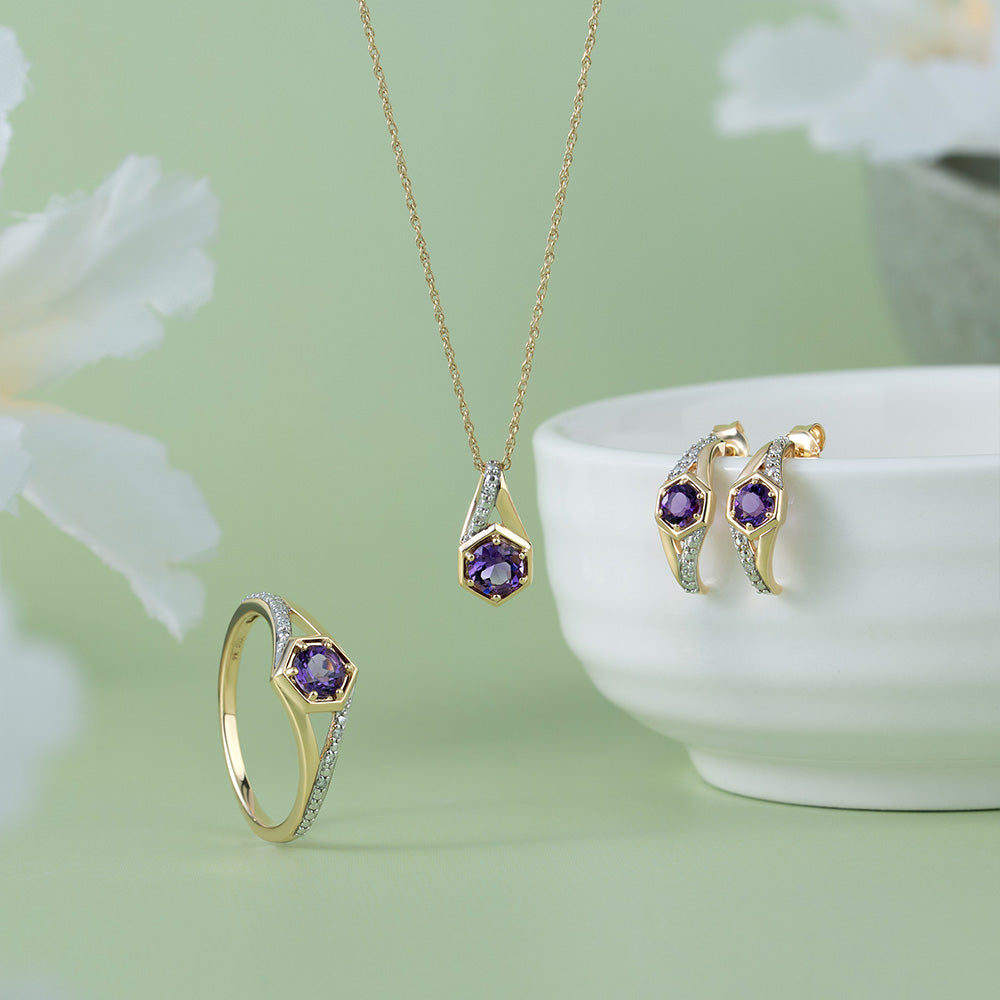 Geometric Hexagon with Prong set Round Amethyst and Diamond Ring in 9ct Yellow Gold
