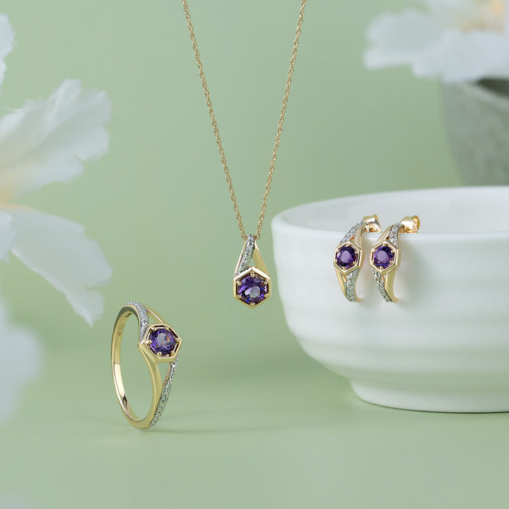 Geometric Hexagon with Prong set Round Amethyst and Diamond Ring in 9ct Yellow Gold