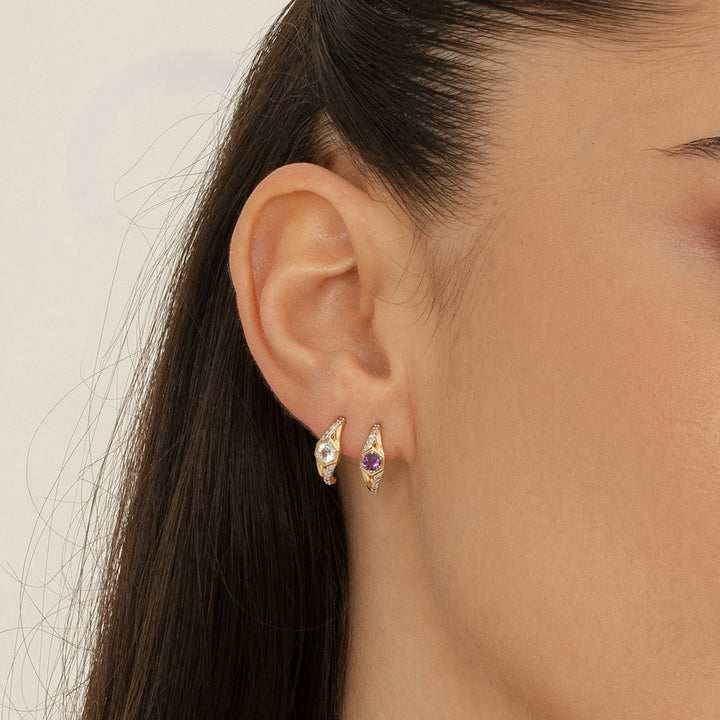 Geometric Hexagon with Prong set Round Topaz and Diamond Half Hoop Earrings in 9ct Yellow Gold