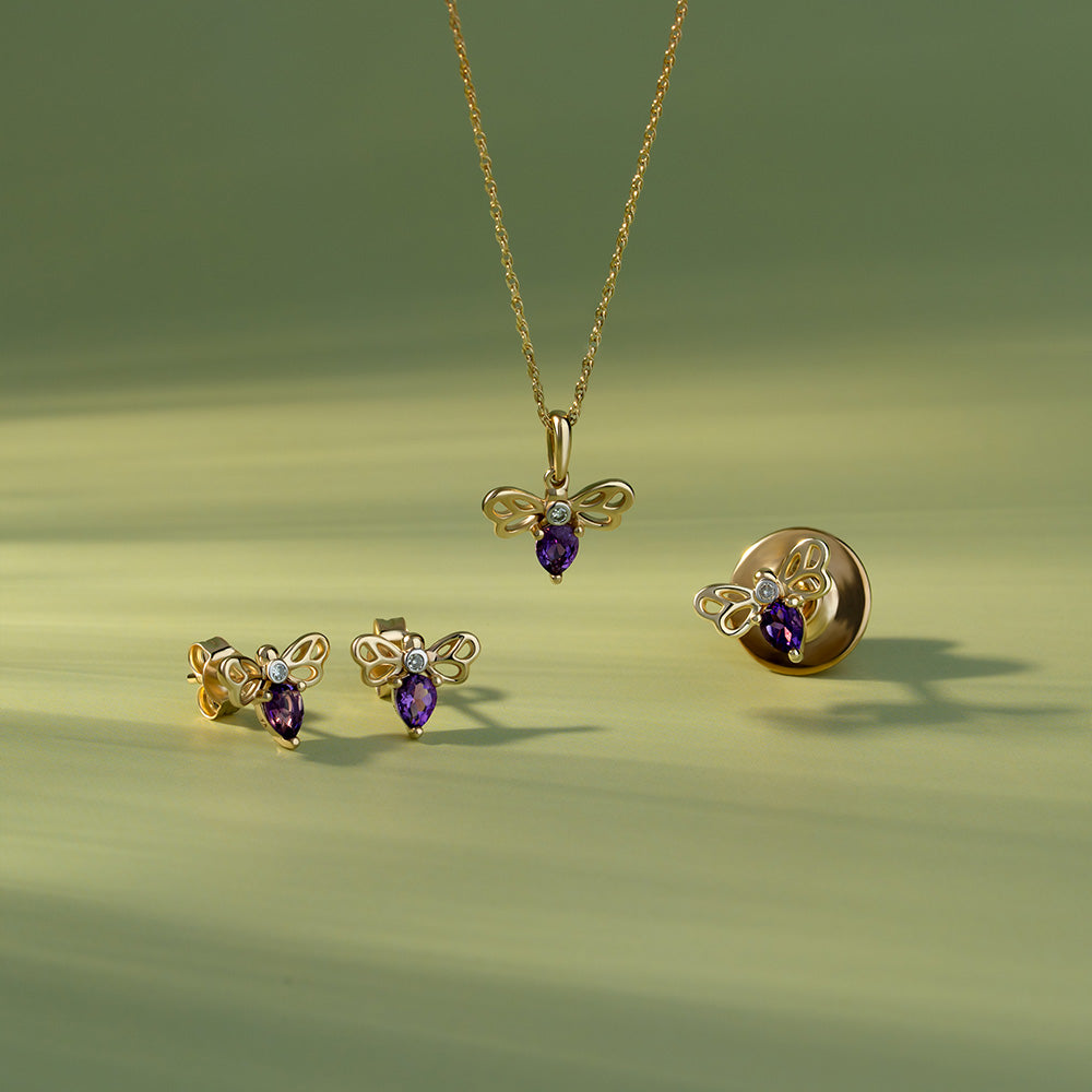 Honeycomb Art Nouveau Pear Shape Amethyst and Diamond Bee Pendant Necklace in 9ct Yellow Gold