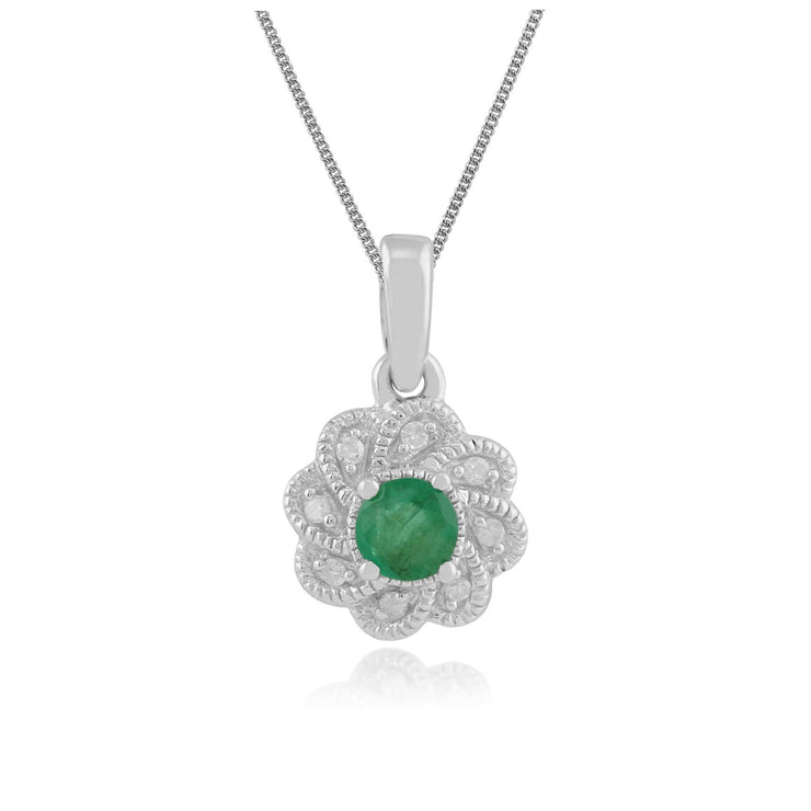Gemondo 9ct White Gold 0.20ct Emerald & Diamond Floral Pendant on 45cm Chain Image