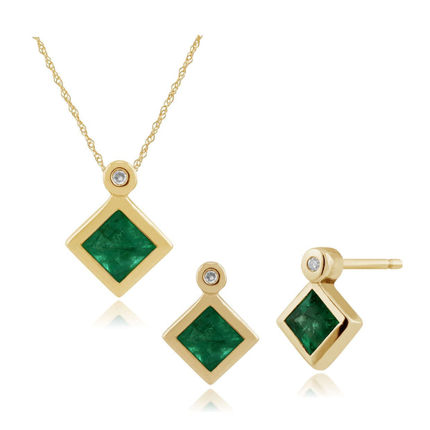 Classic Emerald & Diamond Stud Earrings & Pendant Set Image 1