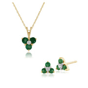Floral Emerald & Diamond Cluster Stud Earrings & Pendant Set Image 1