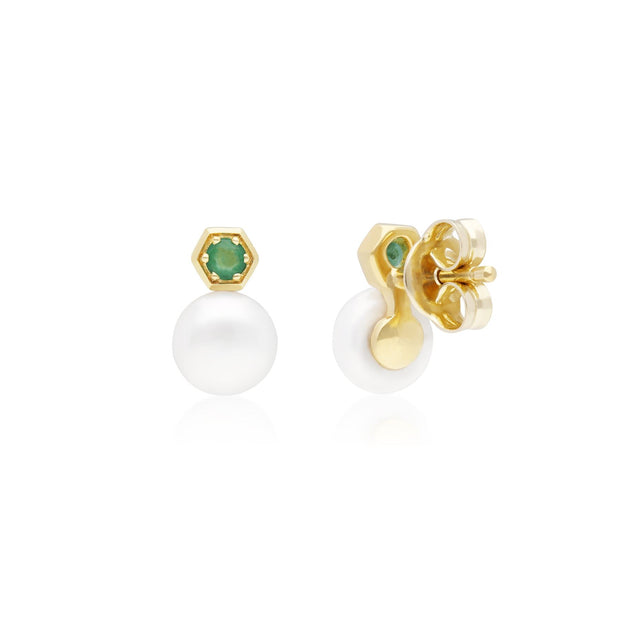 Modern Pearl & Emerald Stud Earrings in 9ct Yellow Gold