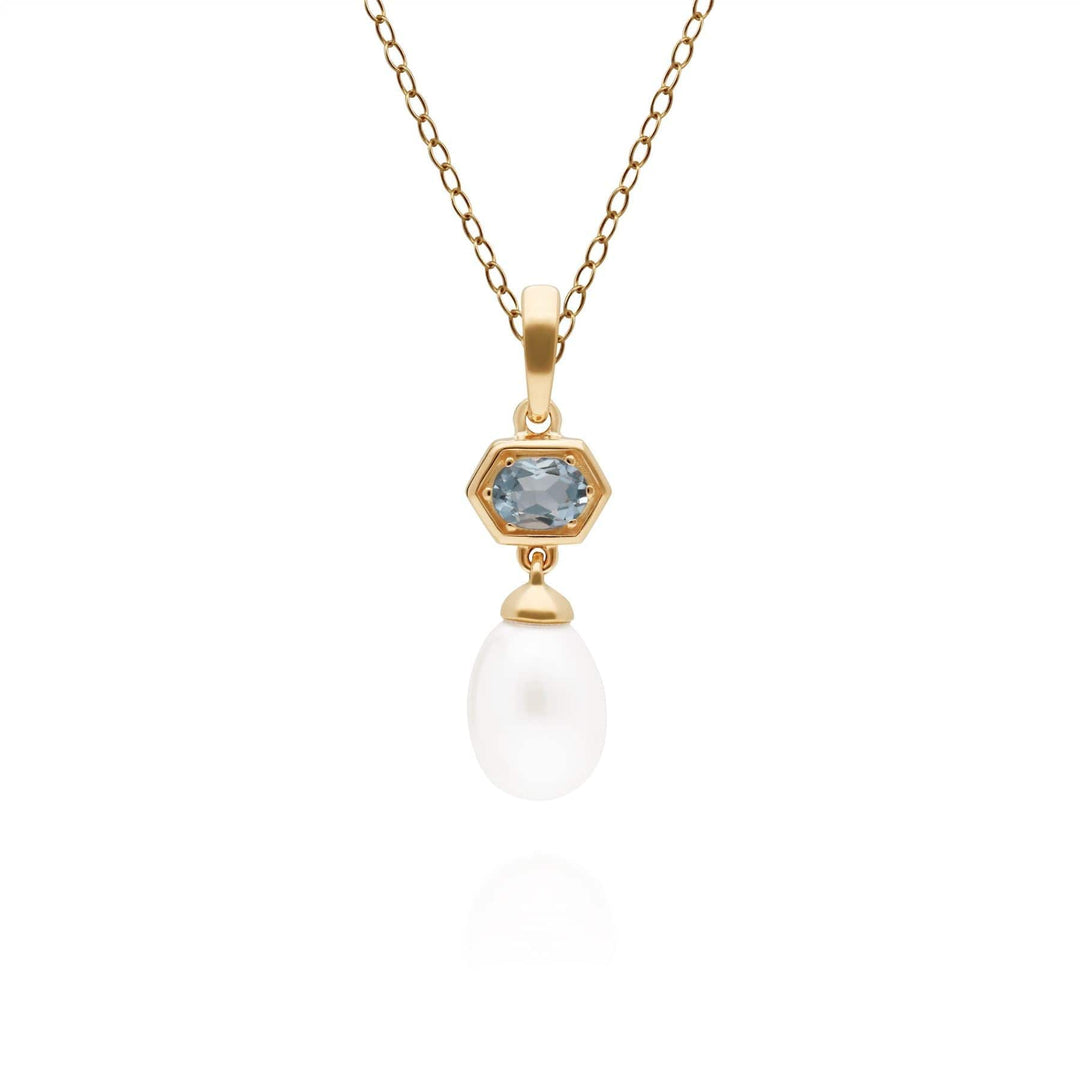 270P030204925 Modern Pearl & Aquamarine Hexagon Drop Pendant in Gold Plated Silver 1