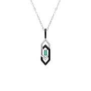 Grand Deco Black Enamel, White Topaz & Emerald Pendant in 9ct White Gold