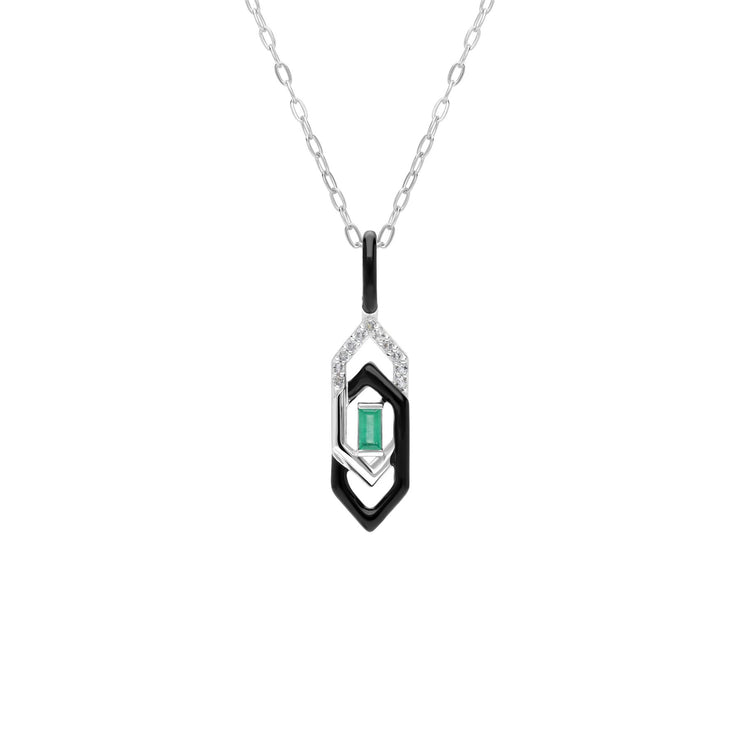 Grand Deco Black Enamel, White Topaz & Emerald Pendant in 9ct White Gold